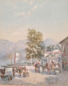 Charles Rowbotham, Traders conversing on a coastal trail with boats and buildings, watercolour,