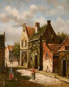 20th century figures on a Dutch street, oil on panel, indistinctly signed, 10