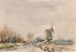 Circle of Edward Wesson, 'Melting Snow' + 'Ugg Mere' + another with a windmill, watercolour, indist