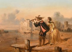 Continental school (circa. 1890) Figures on a quay looking out to sea through a telescope, oil on