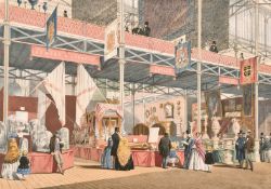 19th century, A coloured print of the great exhibition showing the stands of Guernsey and Jersey,