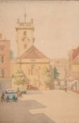 C Roberts (c. 1934) A View of a market square with motor cars, watercolour, signed and dated '1934'.