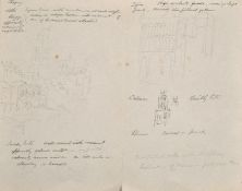 Circle of John Ruskin, Architectural views in France, a kneeling figure and an architectural sketch,