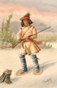 After Krieghoff, A native American Indian in the snow, oil on canvas, 15.5