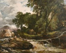 James B. Dalziel (act. 1848-1908) figures on a rock by a mountain torrent, oil on canvas, signed,