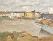 K. Osborne, Boats moored along the Thames with colourful buildings beyond, oil on board, signed, 16