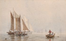 Attributed to Nicholas Condy (1793-1857) Fisherman in a busy shipping scene, watercolour with