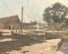 20th century school, A boat moored on a river with buildings beyond, oil on panel, 12.75