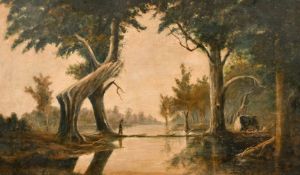 After H. J. Johnstone, 'Evening shadows, Backwater of the Murray, South Australia', oil on canvas