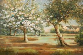20th century, A female figure beneath a blossoming tree, oil on canvas, signed 'David Ronald', 16