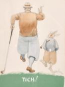John Gilroy (1898-1985) 'Titch' A scene of a golfer and an anthropomorphic figure, signed and