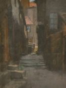 Circle of Cecil Aldin, A dark alleyway (possibly Canterbury), pastel, (unframed).