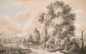 19th century, Figures and cattle by a watermill in an extensive landscape, watercolour, 10.5