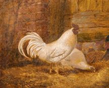 19th century, A scene of chickens in a barn, oil on panel, indistinctly signed with monogram and