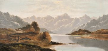 Charles Leslie (1835-1890) British, Wayfarers by a Moorland lake with mountains beyond, oil on
