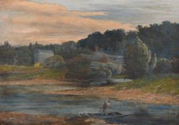 A 19th century British school, A figure on a punt at dusk, oil on canvas, 13