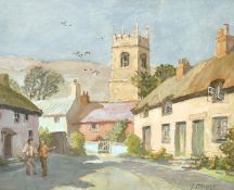 Jack Cross 20th century, figures on a village street with a church tower and hill, oil on board,