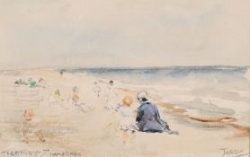 Theodore Zimmerman (b. 1937), Children playing on a Jersey beach, watercolour, signed and inscribed,