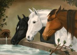 After Herring, 'Horses Watering at the Trough', oil on board, signed, 21