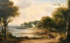 19th century school, inscribed 'On the Bank, Williams' verso, Figures conversing on a lakeside