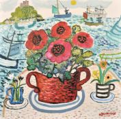 Alan Furneaux (b. 1953) A still life of flowers with St. Michel's mount in the distance with a