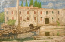 Sydney Lee (1866-1949) Boats moored in a canal with Italian buildings beyond, oil on canvas,