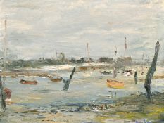 Ronald Ossory Dunlop (1894-1973) British, Moored sailboats in an estuary possibly Dell Quay, oil