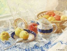 Elena Petrova (b.1971) Russian, 'Apples and A Blue Cloth', signed oil on canvas, 14