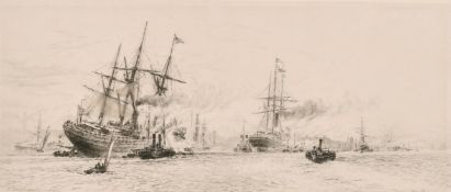 W. L. Wyllie (1851-1931) British, An etching of shipping on a busy river, 4.75