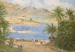 20th century Possibly Scandinavian School, A view of Cannes Sur Mer with a large yacht approaching