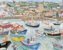 Linda Mary Weir (b.1951) A View of boats in the harbour at St. Ives, oil on canvas, signed, 16