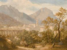 19th century continental school, Wayfarers resting by a pathway with a town and viaduct in the