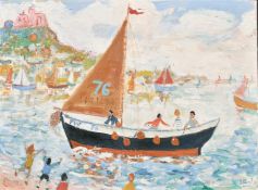 Simeon Stafford (b. 1956) A scene of figure abroad a traditional Cornish boat with St. Michael's