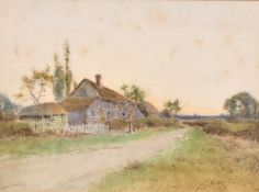 Henry john Sylvester Stannard (1870-1951) British, Geese on a path outside a country cottage,