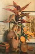 Frank Potter, A still life of flowers and mixed objects, oil on canvas, signed, 30