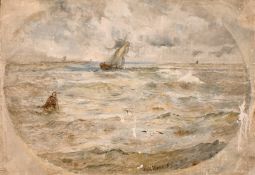 William Joseph Julius Caesar Bond (1833-1926) British, A sailboat in heavy seas of a headland, oil