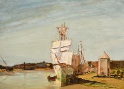L. Bracewell (c. 1935) A sailboat drying its sails with a town beyond, oil on board, signed and