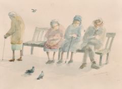 Albin Trowski (1919-2012) Polish, A scene of elderly figures on a park bench with pigeons in the