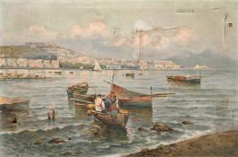 Italian school, Fishing boats in a bay, oil on canvas, indistinctly signed, 11.75