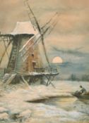 M.C. Hodges (circa. 1881) A scene of a boatsman approaching a windmill under moonlight, watercolour,