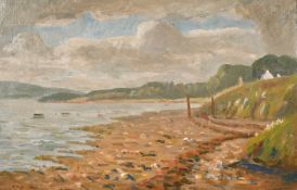 John Brown 20th century, A view of the lake shore on an overcast day, oil on panel, 16