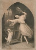 A 19th century mezzotint of a maiden with a dancing goat, 23