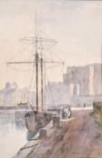 20th century, Figures conversing by a boat moored at a quay, watercolour, signed 'Beatrice