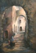 Margarette Clairmont 20th century, mother and child walking in a walled city, pastel, signed, 16