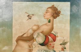 After Paul Wunderlich, A surreal scene of figures and hummingbirds, oil on canvas, 24
