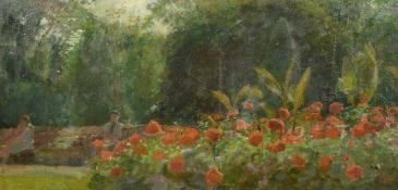 Fred Dubery (1926-2007) British, A scene of figures on park benches with red flowers in the