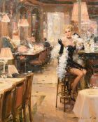 Konstantin Razumov (b. 1974) An elegant lady waiting at a bar, oil on canvas, signed, signed and