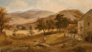 19th century, Figures crossing a bridge by a stone building with a harvesting scene beyond, oil on