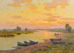 Vladimir Belsky (b.1949) Russian, 'The River Dniepr at Sunset', signed oil on board, 13