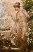 20th century, A full length study of a scantily clad maiden holding a butterfly, oil on canvas,